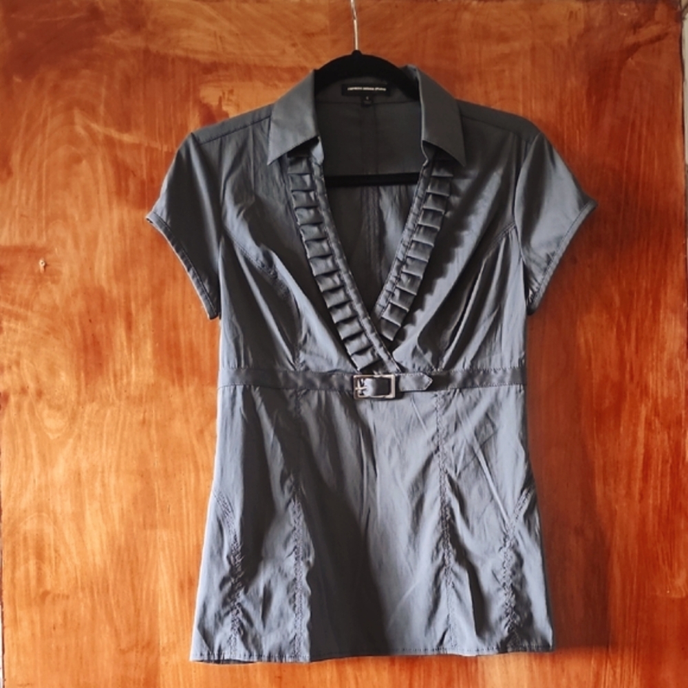 Express Gray Blouse with Ruffled Notched Collar and Cuffed Sleeves